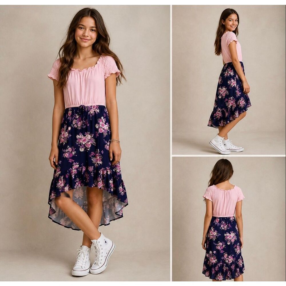 One Step Up Girls Dress L 14/16 Pink Floral Hi-Low Hem